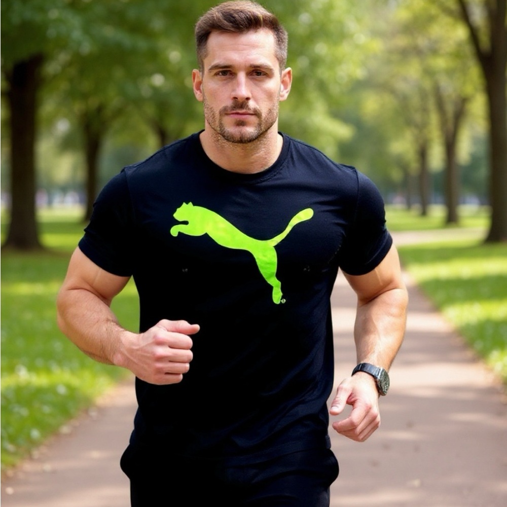 Puma Neon Green Logo Black Cat Tee Size Medium
